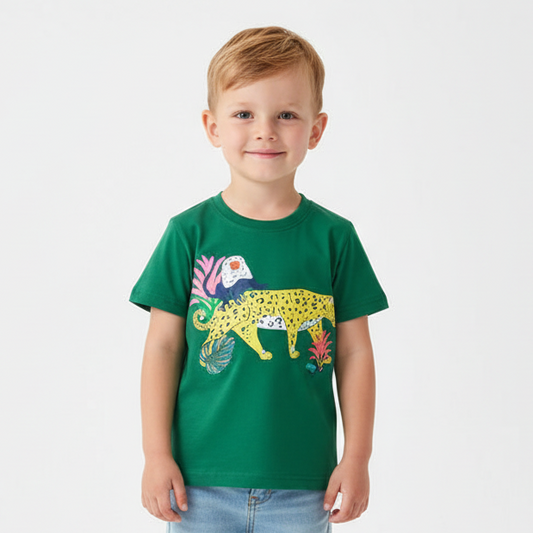 100% Cotton Green Jungle Leopard & Monkey Cotton Tee