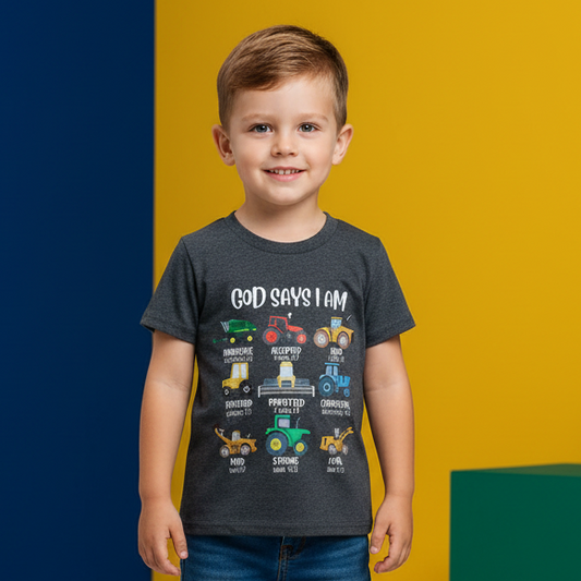 Cotton Inspirational Construction Tractor Print Short Sleeve Tee