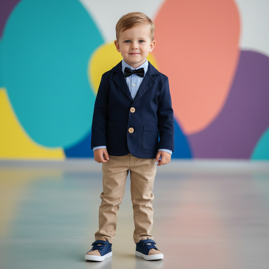 Navy Blazer & Blue Shirt With Bowtie & Khaki Pants Set