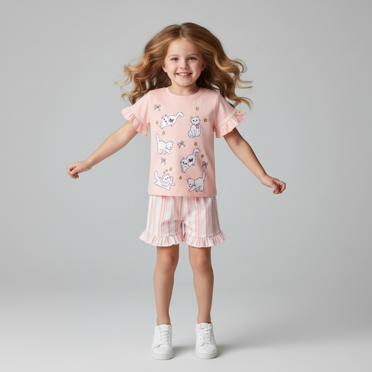 100% Cotton Cat Ruffle Sleeve Top & Striped Ruffle Shorts