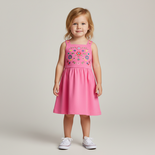 100% Cotton Pink Embroidered Floral Dress