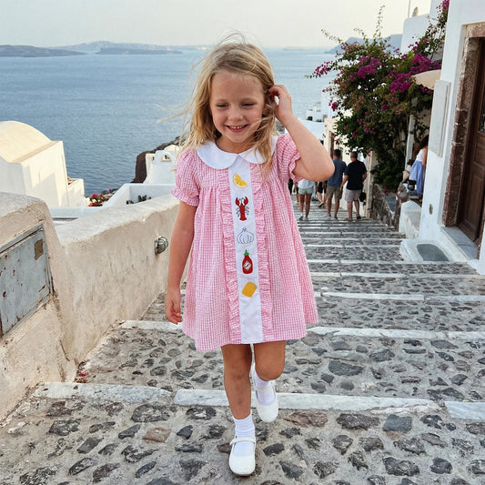 Cotton Pink Gingham Ruffle Dress With Food Patch Detail