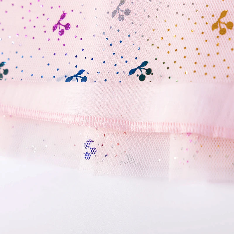 100% Cotton Pink Glitter Tulle Skirt Dress With Puff Sleeves