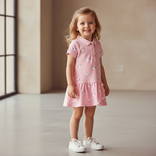 100% Cotton Pink Polo Dress With Unicorn Print