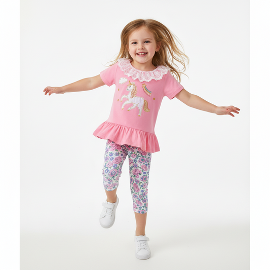 100% Cotton Pink Unicorn Top & Floral Leggings Set
