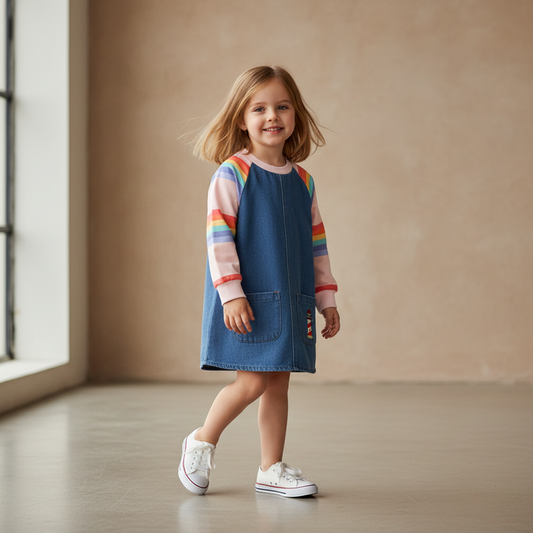 100% Cotton Rainbow Sleeve Denim Dress With Patch Pockets