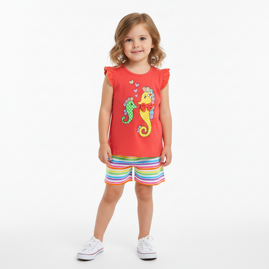 100% Cotton Seahorse Ruffle Sleeve Tank & Rainbow Stripe Shorts Set