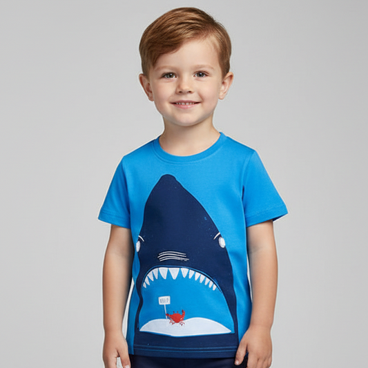 100% Cotton Shark Mouth & Crab Print Blue Short Sleeve Tee