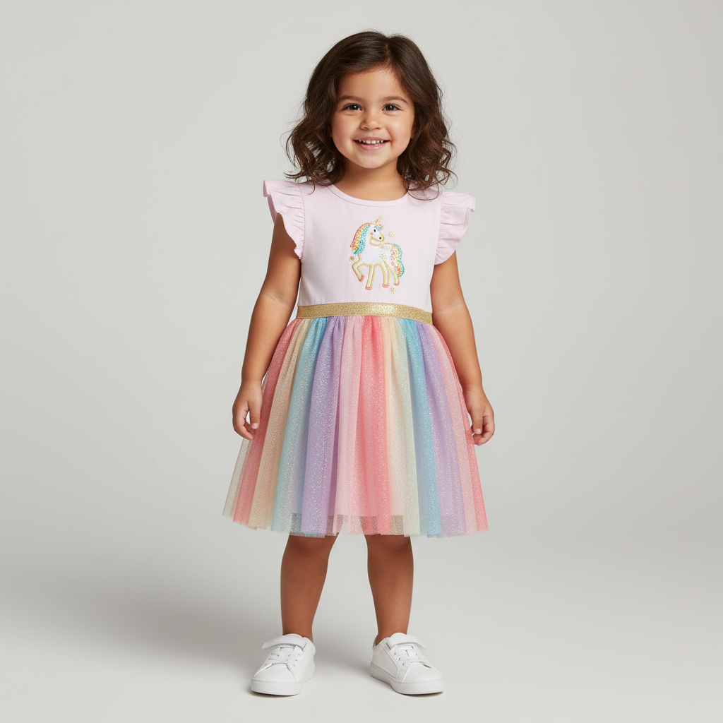100% Cotton Unicorn Embroidered Top & Rainbow Tulle Skirt Dress