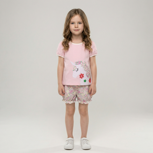 100% Cotton Unicorn Floral Print Pink Top & Shorts Set