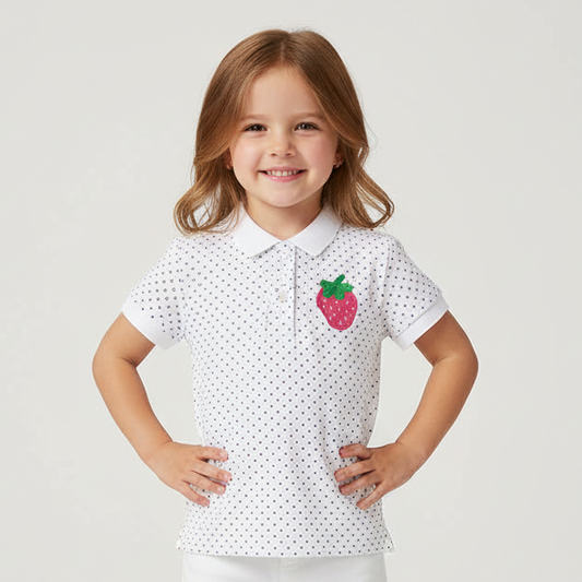 100% Cotton White Polo Shirt With Polka Dots & Strawberry Patch