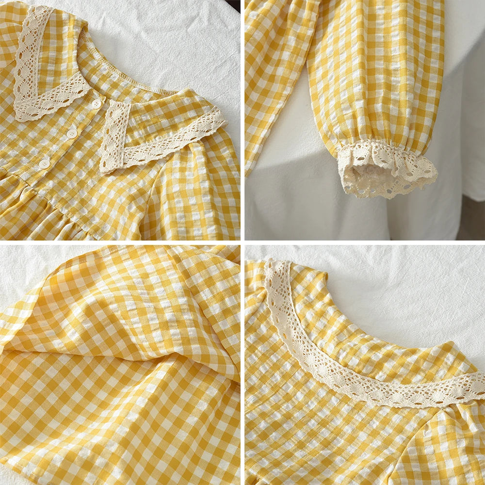 100% Cotton Yellow Gingham Lace Collar Long Sleeve Dress