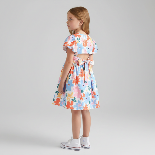 Pastel Floral Puff Sleeve Dress With Back Bow