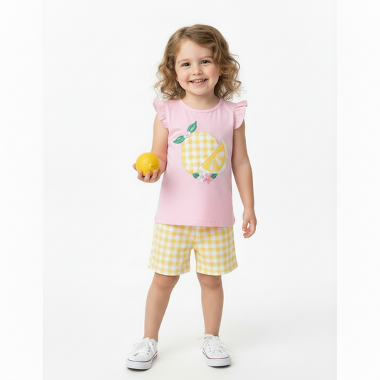100% Cotton Lemon Print Ruffle Sleeve Top & Gingham Shorts Set