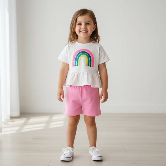 100% Cotton Rainbow Peplum Top & Pink Shorts Set
