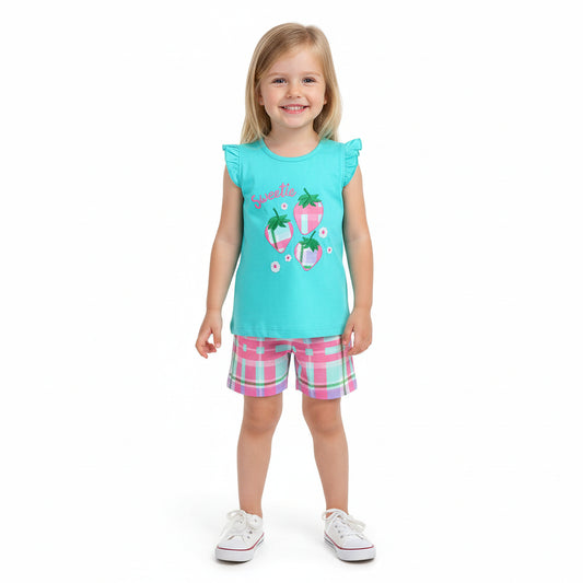 100% Cotton Strawberry Ruffle Sleeve Top & Plaid Shorts Set
