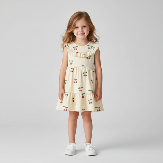 100% Cotton Cream Cherry Print Ruffle Neck Dress