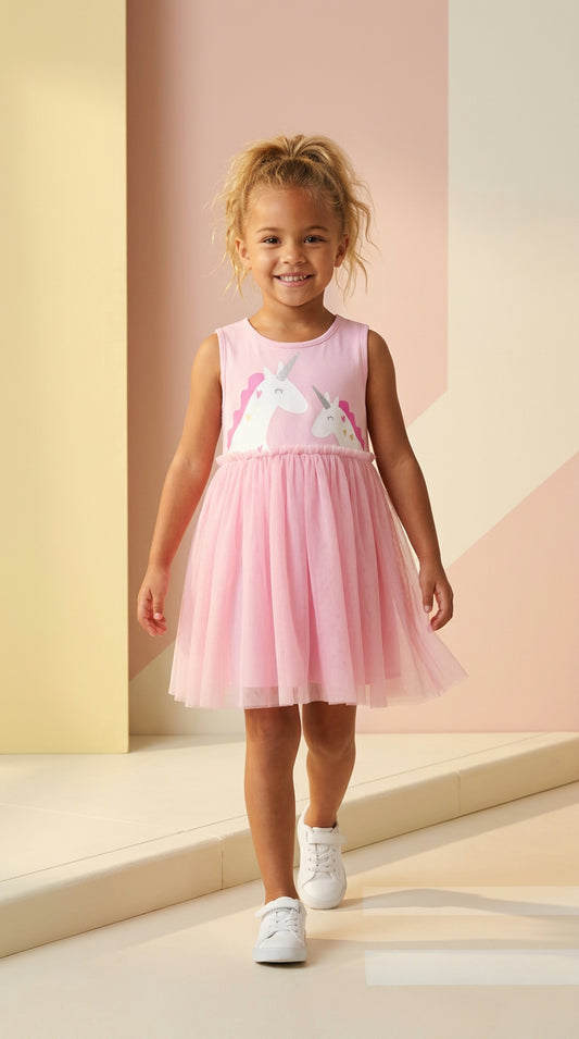 100% Cotton Pink Unicorn Tulle Dress