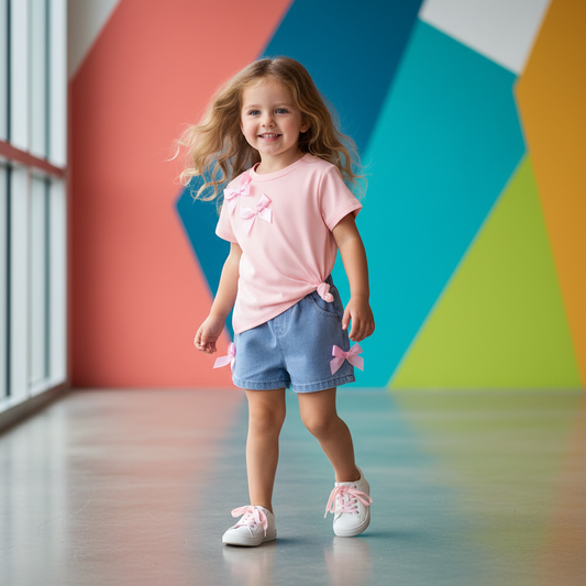 Cotton Pink Bow Tie Tee & Denim Bow Shorts Set