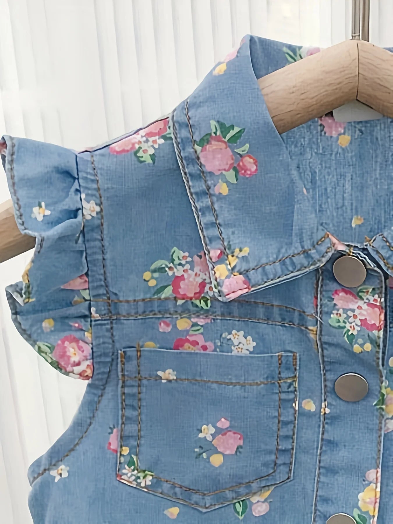 Ewapi floral denim vest and shorts set for toddlers, featuring a colorful floral print on a blue denim fabric.