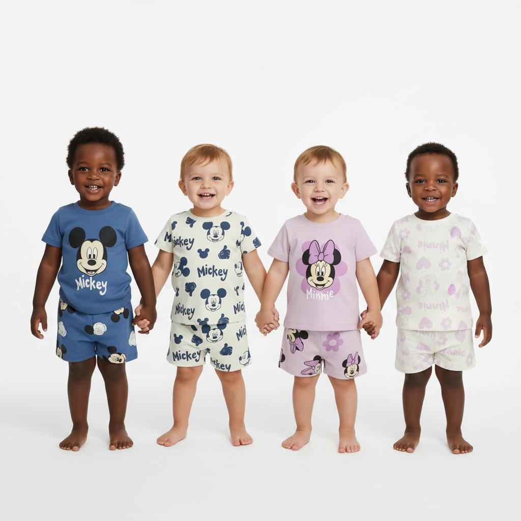 Two classic Mickey cotton summer sets for babies, 3-6 months, in a 2-pack by Ewapi, featuring colorful Mickey Mouse designs.