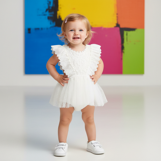 White Lace Tulle Romper With Ruffle Sleeves