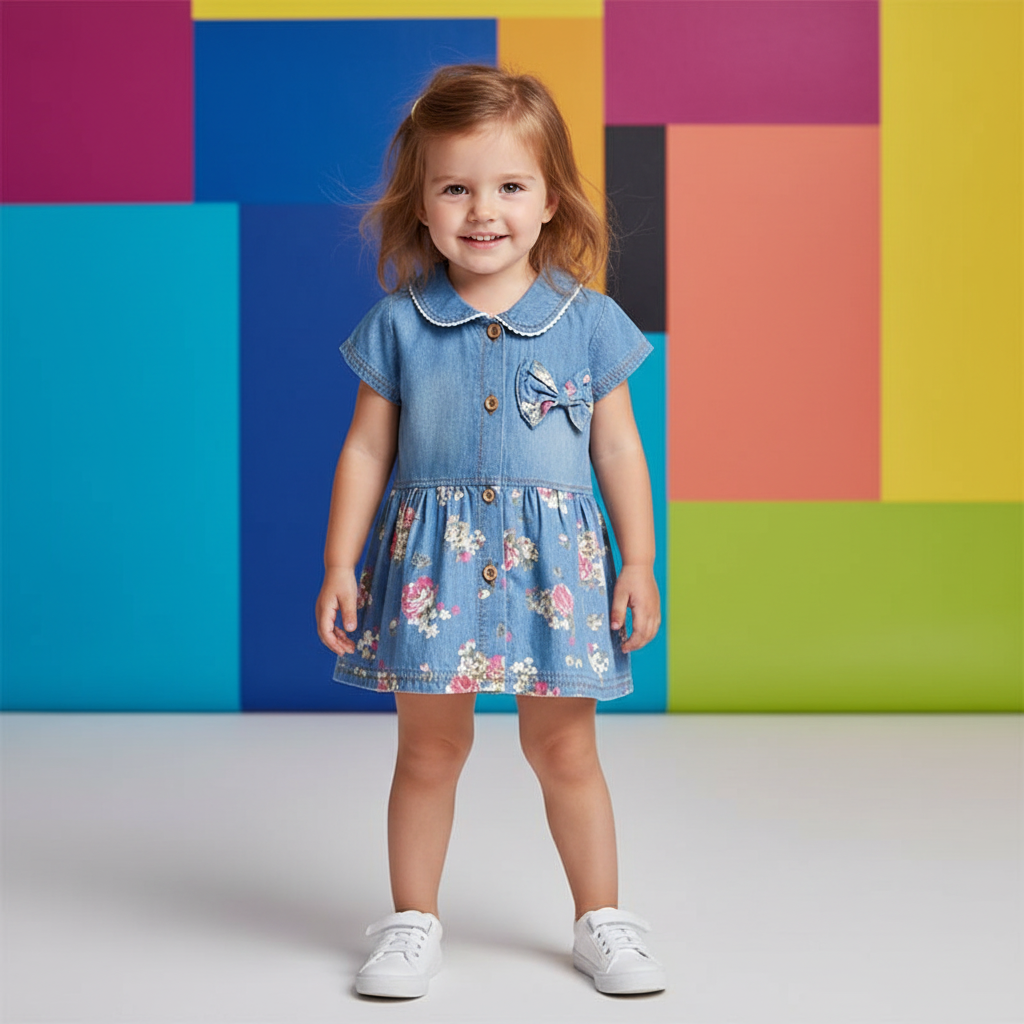 Denim Dress With Floral Skirt & Bow Detail