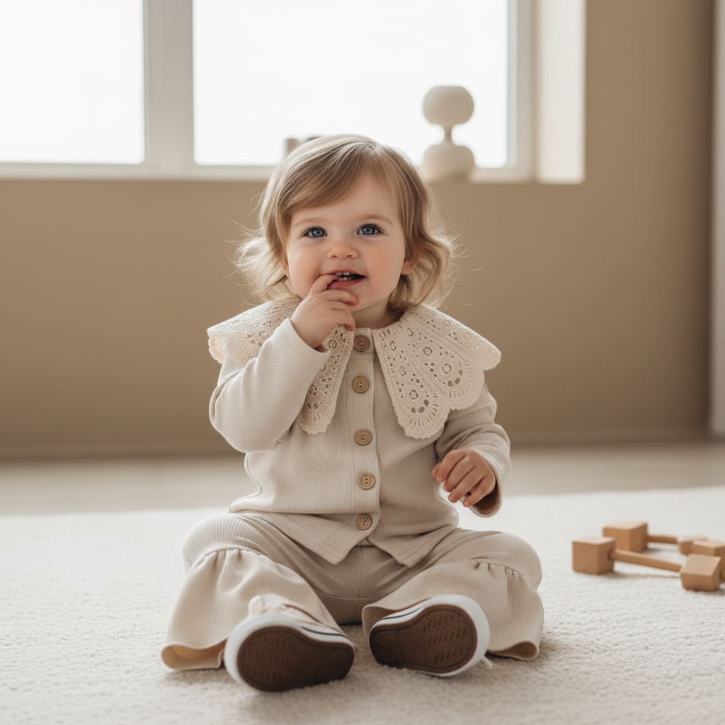Cream Crochet Collar Cardigan & Flared Pants Set