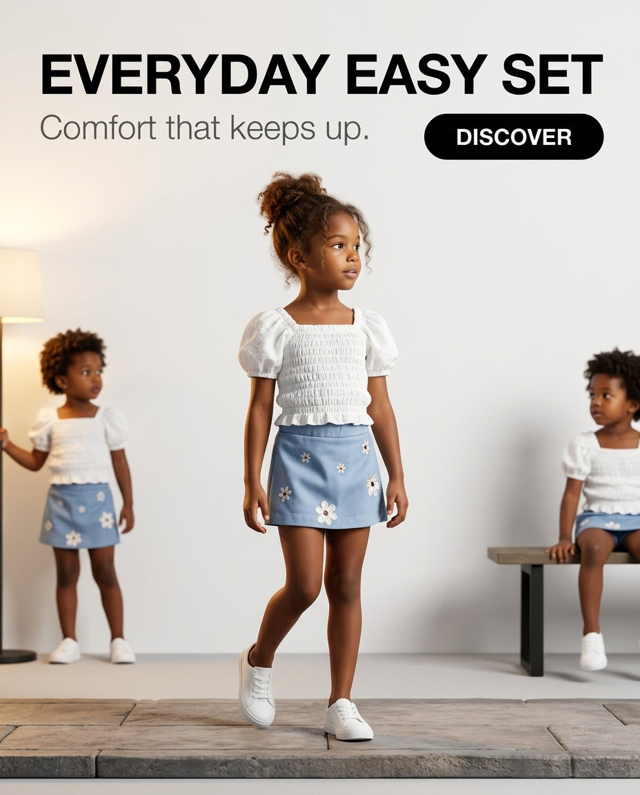 White puff sleeve top and blue embroidered skort set for girls by Ewapi, showing the detailed embroidery and stylish design.