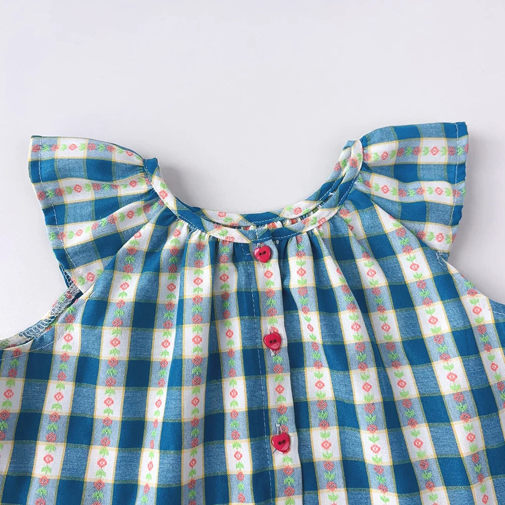 100% Cotton Blue Check Ruffle Sleeve Top & Shorts Set