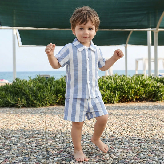 Blue White Striped Button Shirt & Shorts Set