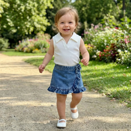 Cotton White Ribbed Collar Tank Top & Ruffle Denim Skirt Set