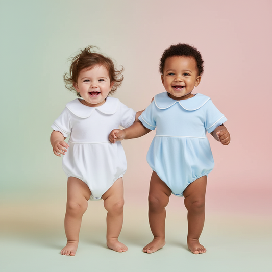 Cotton Peter Pan Collar Romper Set In White & Blue