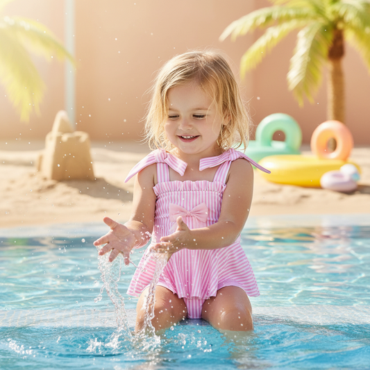 Striped Peplum Bow Swimsuits With Shoulder Ties Pink & Blue