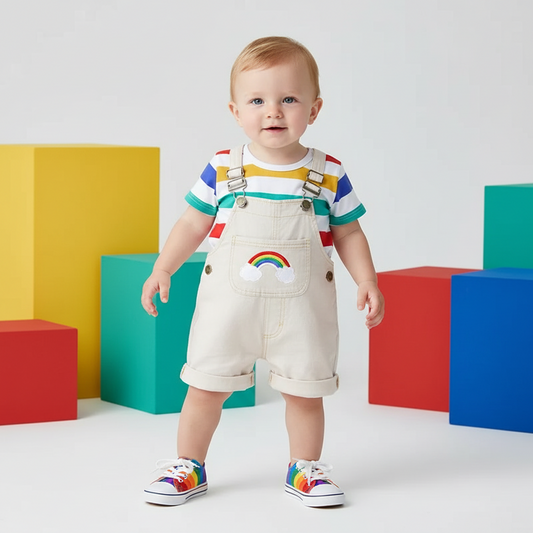 Rainbow Embroidered Denim Shortalls With Striped Tee