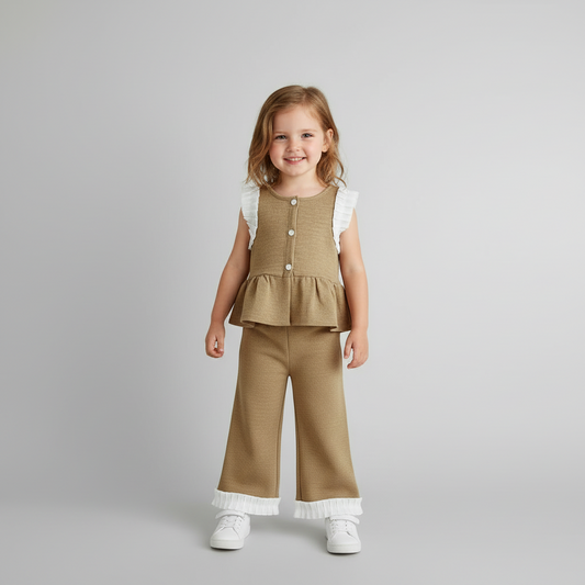 100% Cotton Ribbed Knit Peplum Top & Wide Leg Pants Set