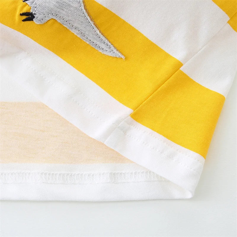 100% Cotton Yellow White Stripe Dino Tee & Grey Shorts Set