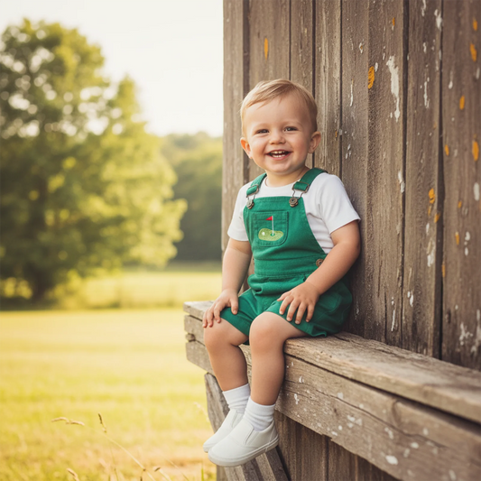 Cotton Golf Patch Cotton Short Overalls Green & Cream