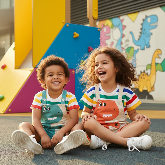 Cotton Striped Tee & Dino Applique Short Overalls Set