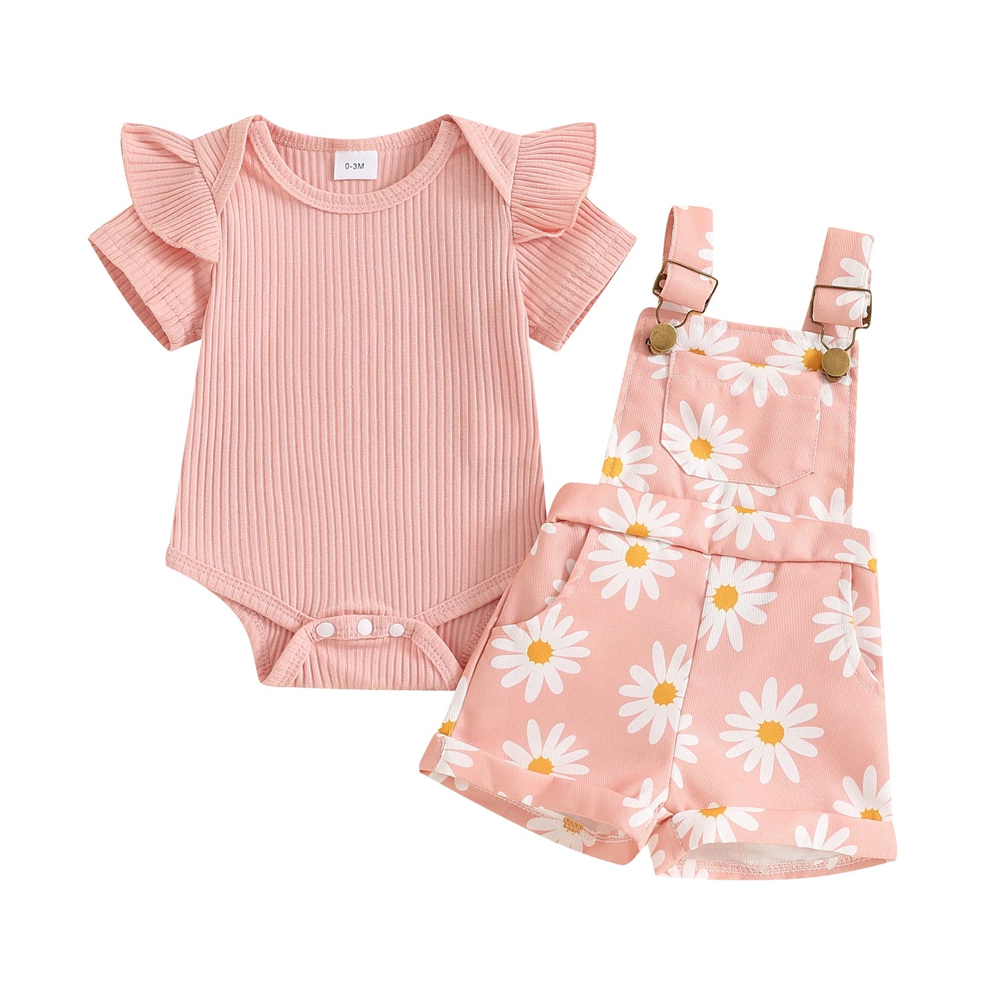 Floral Daisy Print Ruffle Sleeve Overall Set