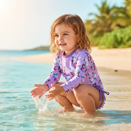 Butterfly Print & Floral Check Long Sleeve Swimsuit