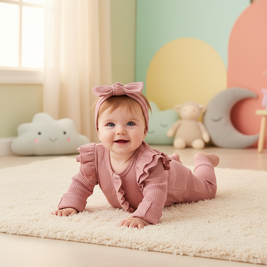 Ruffle Trim Ribbed Rompers & Bow Headbands Set