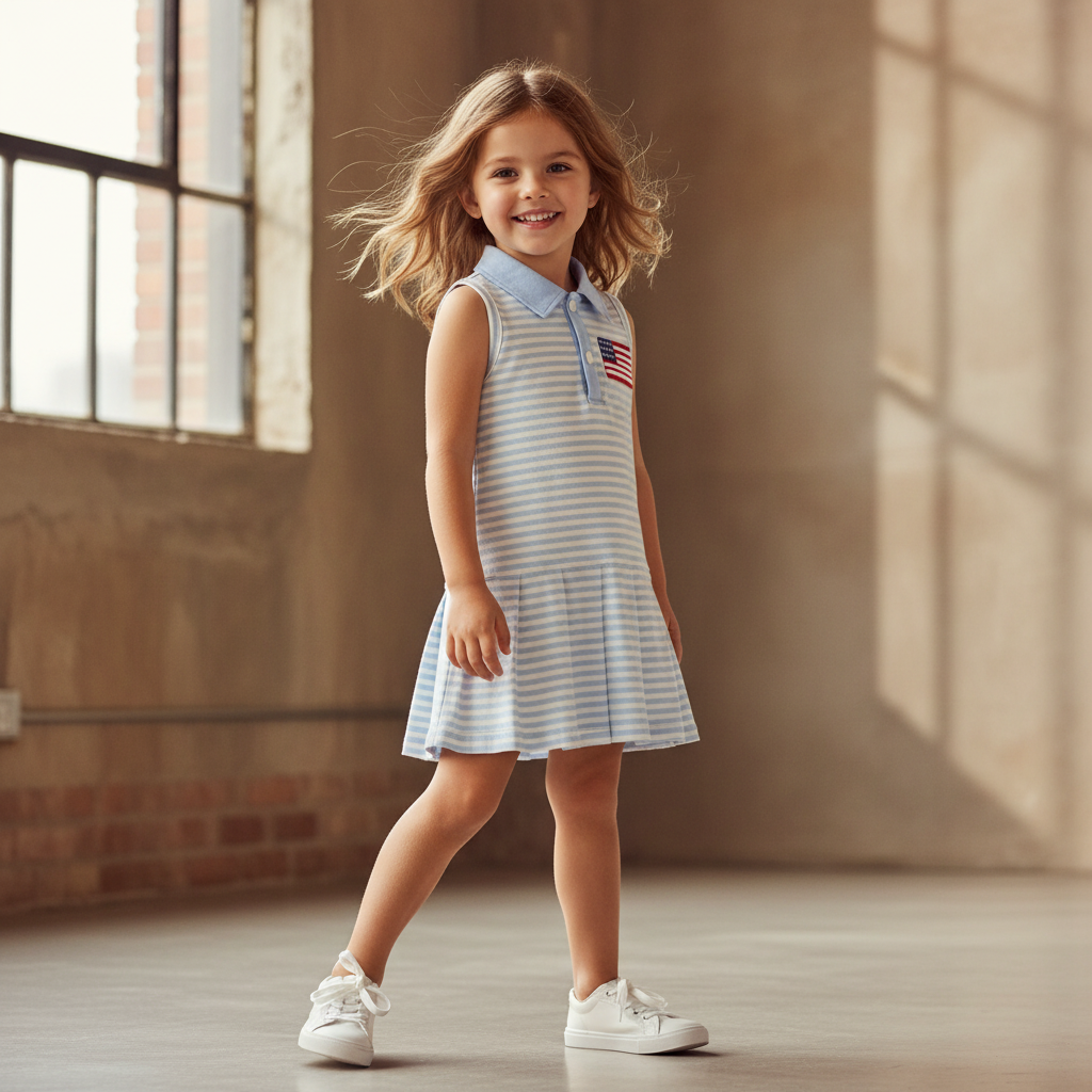 Cotton Striped Polo Dress With USA Flag & Pleated Skirt