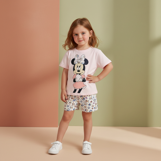 Minnie Mouse Pink Tee & Floral Print Shorts Set