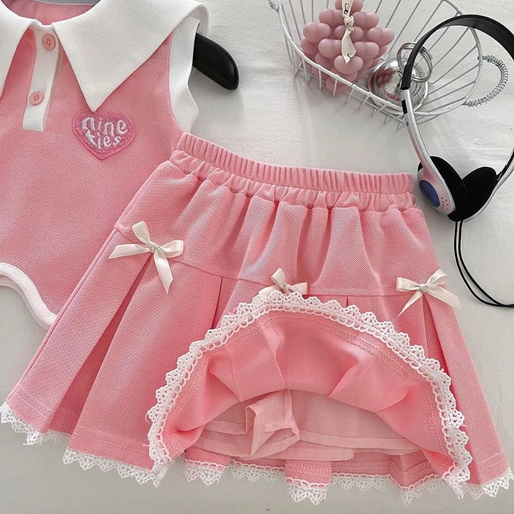 Pink Collar Top & Pleated Skirt Set With Bows