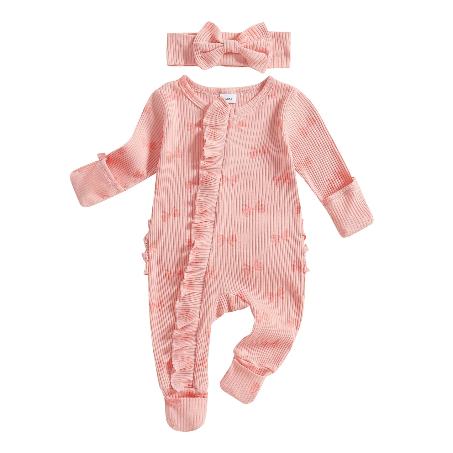 Cotton Ribbed Bow Print Rompers & Matching Headbands Set