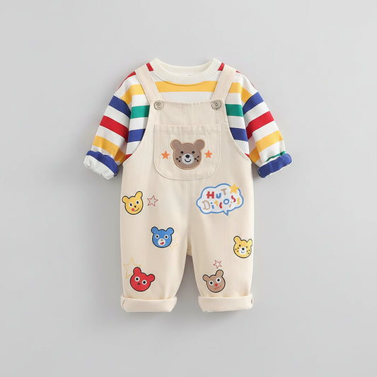 Striped Shirt & Bear Applique Overalls Set