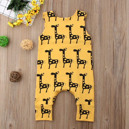 Cotton Yellow Giraffe Print Snap Button Romper Jumpsuit
