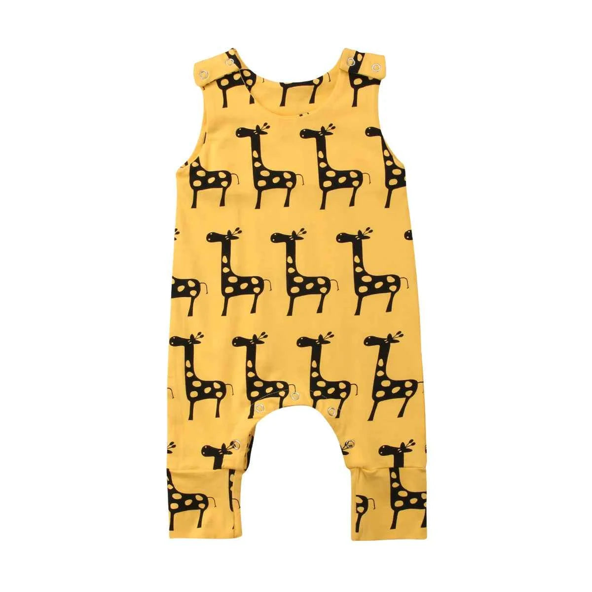 Cotton Yellow Giraffe Print Snap Button Romper Jumpsuit
