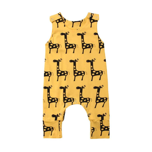 Cotton Yellow Giraffe Print Snap Button Romper Jumpsuit